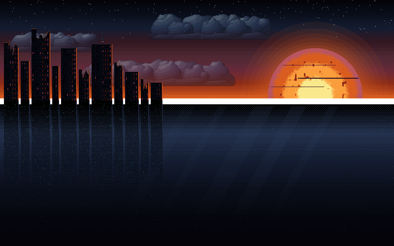 A swollen dying sun sinks into the sea beside a drowned city while the last arks launch for the stars; below the waves a crewed colony hangs on its anchor chains above the kelp